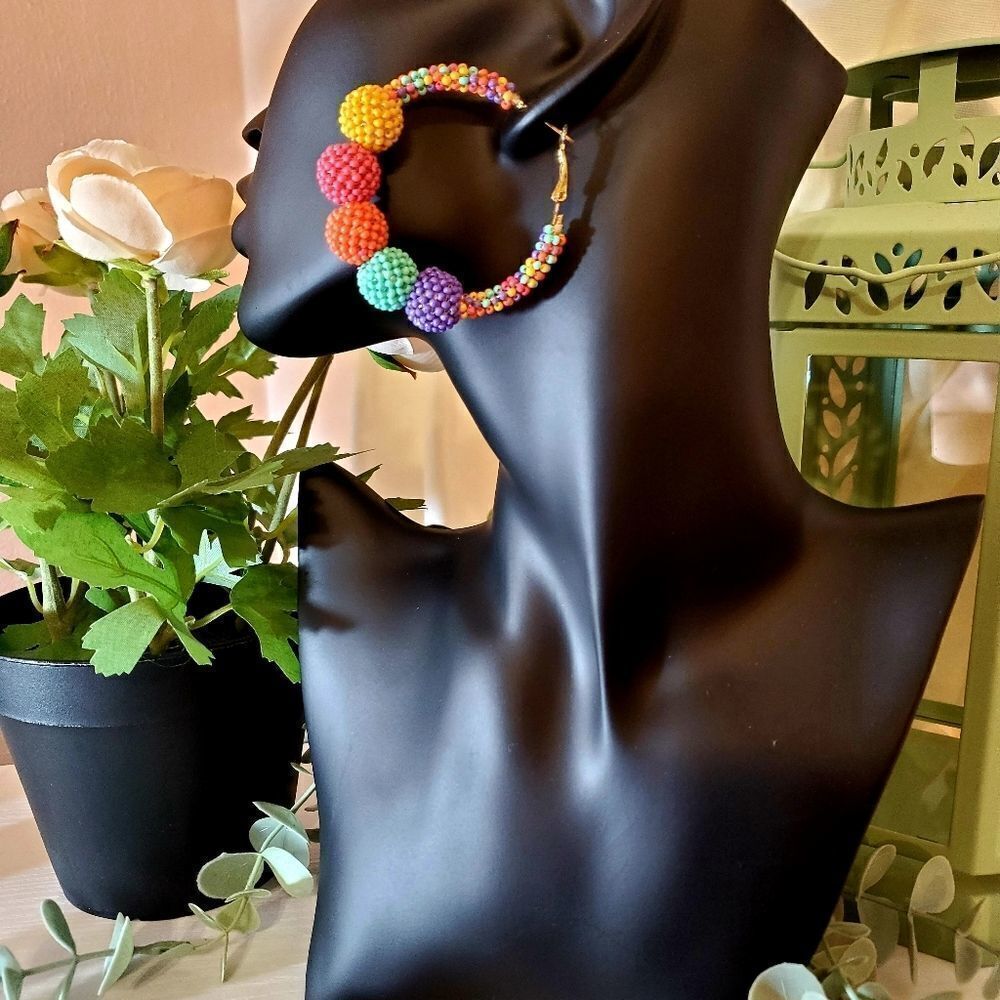 Multi-color Seed Bead Ball Hoop Earrings